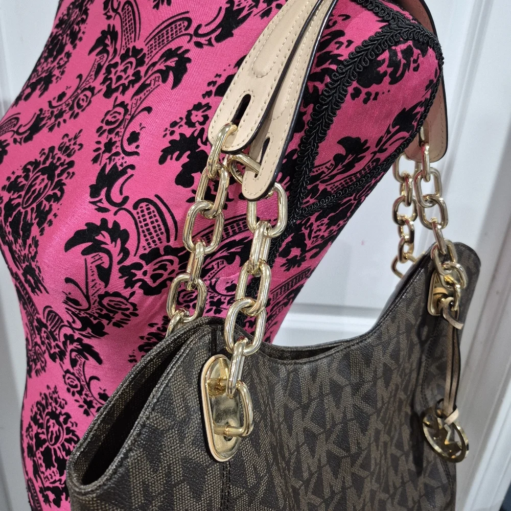 Michael Kors Lilly Tote Bag Purse Brown‎ Signature Chain Strap